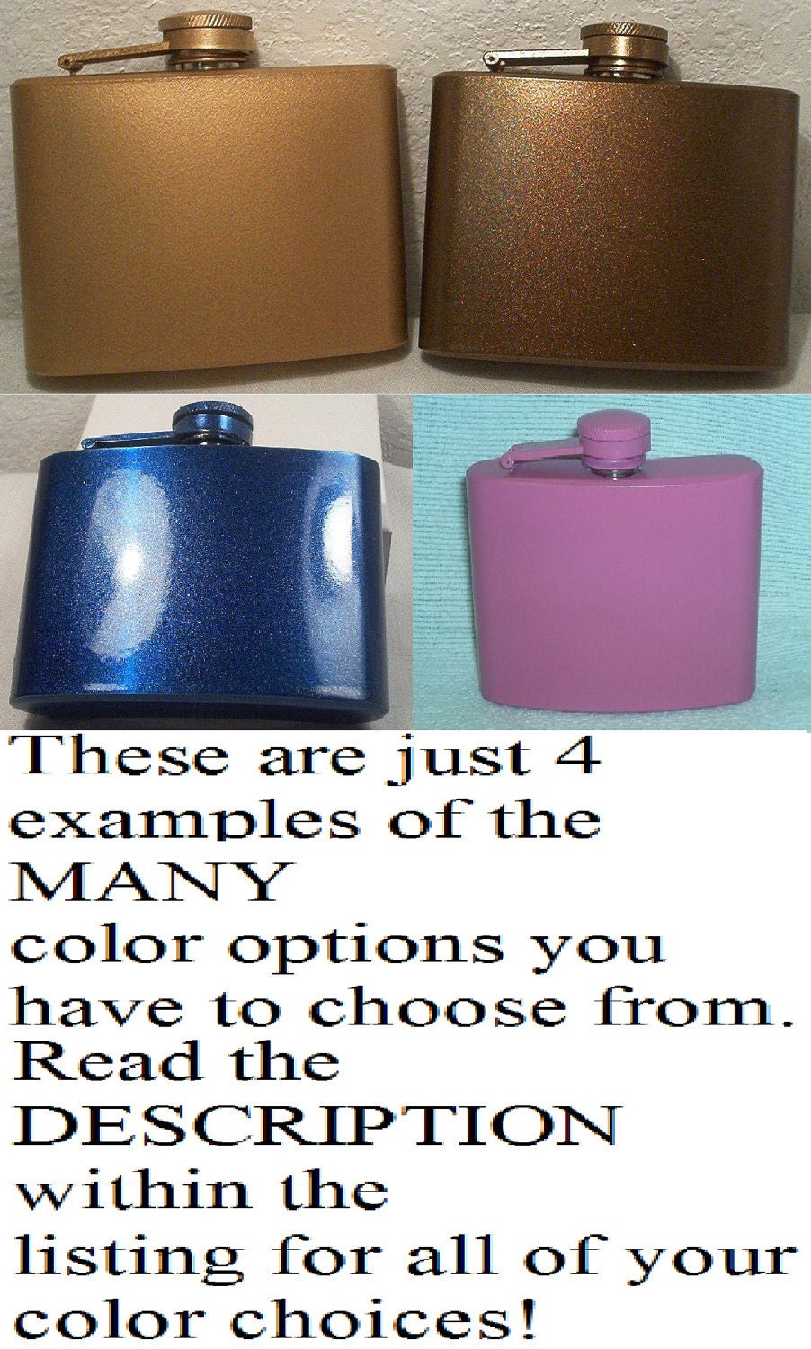 2 Pack of 4-oz  Color Whiskey Flasks Plus 2 Flask Funnels Plus FREE Custom Lasering and In-Country Priority Mail Shipping