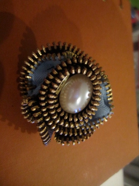 Chocolate Brown and Sky Blue Adjustable Zipper Flower Ring