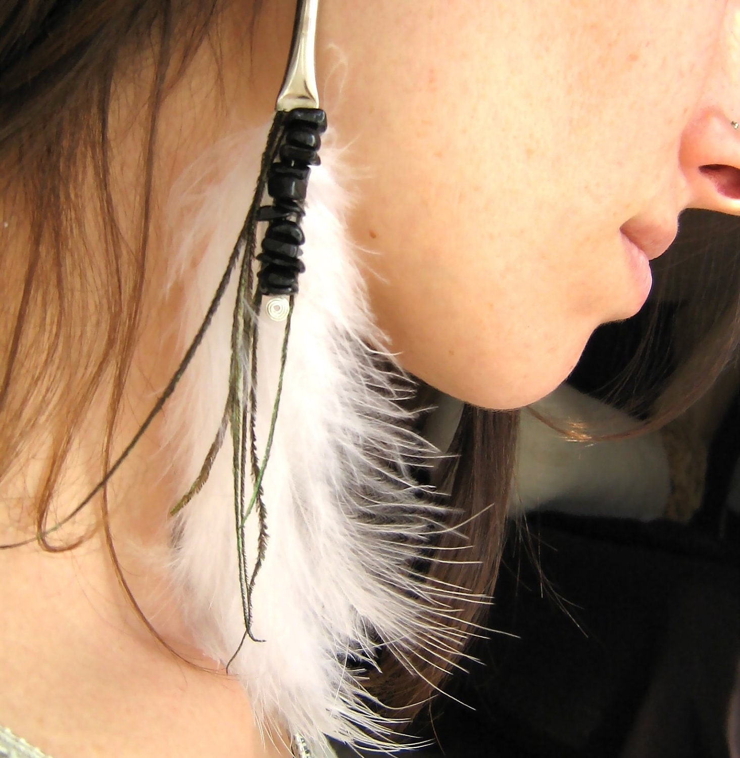 Black Tourmaline and White Feather Earrings