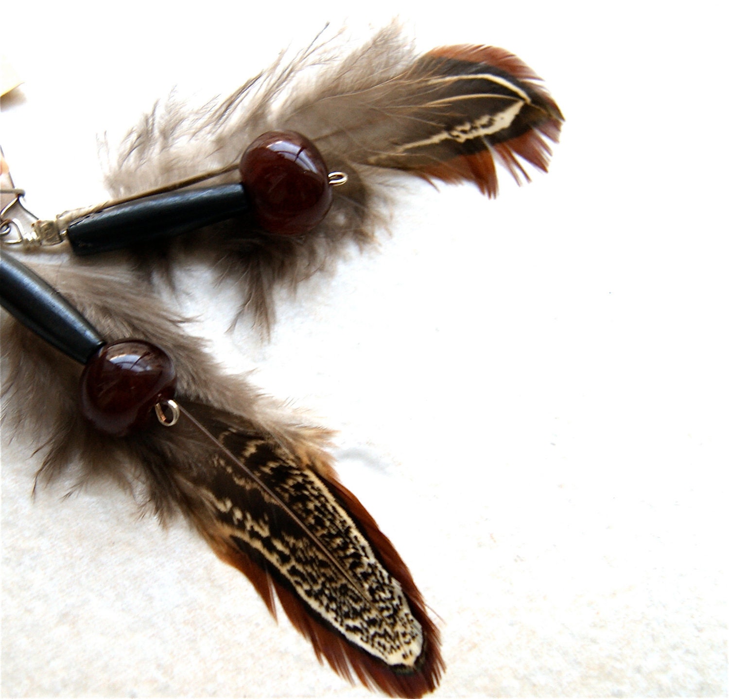 Pheasant Feather Earrings with natural bone beads and Vintage Carnelian