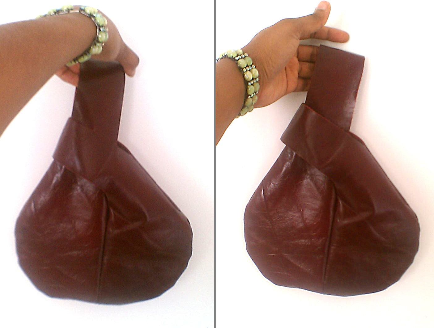 Leather Wristlet Purse Clutch Japanese Knot Bag Dark Red Maroon Glossy Round FREE SHIPPING