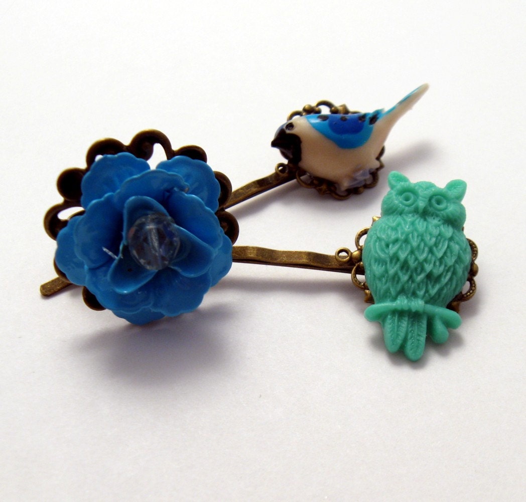 Bluebird, Owl, and Flower Bobby Pin and Ring Set tbteam tpt team