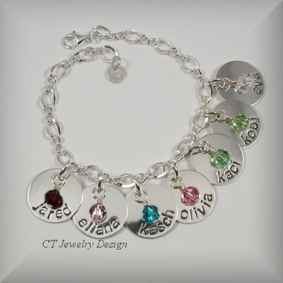 Hand Stamped Sterling Silver Seven Disc Mommy or Grandma Bracelet with Birthstones