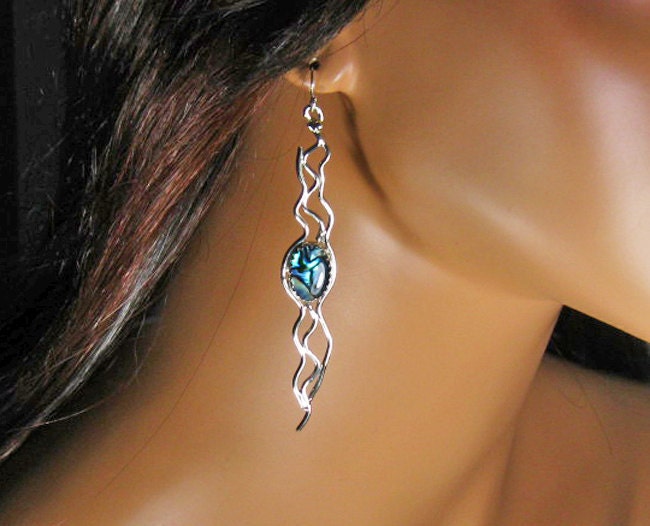 Sterling silver earrings with blue and green paua shell
