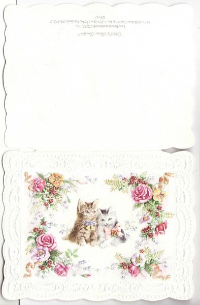 Vintage embossed kittens and roses scalloped notecards in matching holder, for use or repurposing, free shipping