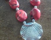 Red Coral Statement Necklace with Hill Tribe Silver Circle Pendant - Ready to Ship