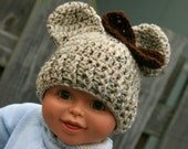Baby bear hat crochet in newborn size neutral beige or tan tweed with brown bow. 0-3 months