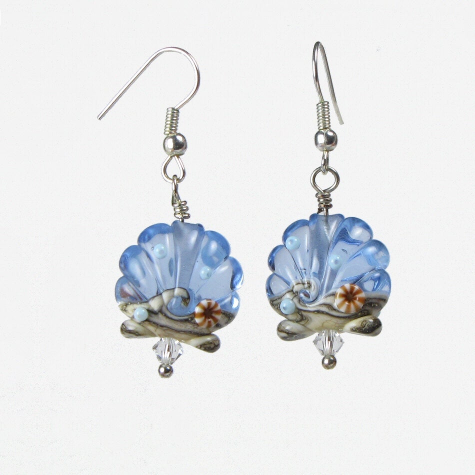 Blue Seashell Seashore Earrings, French hook, Handmade Lampwork Bead