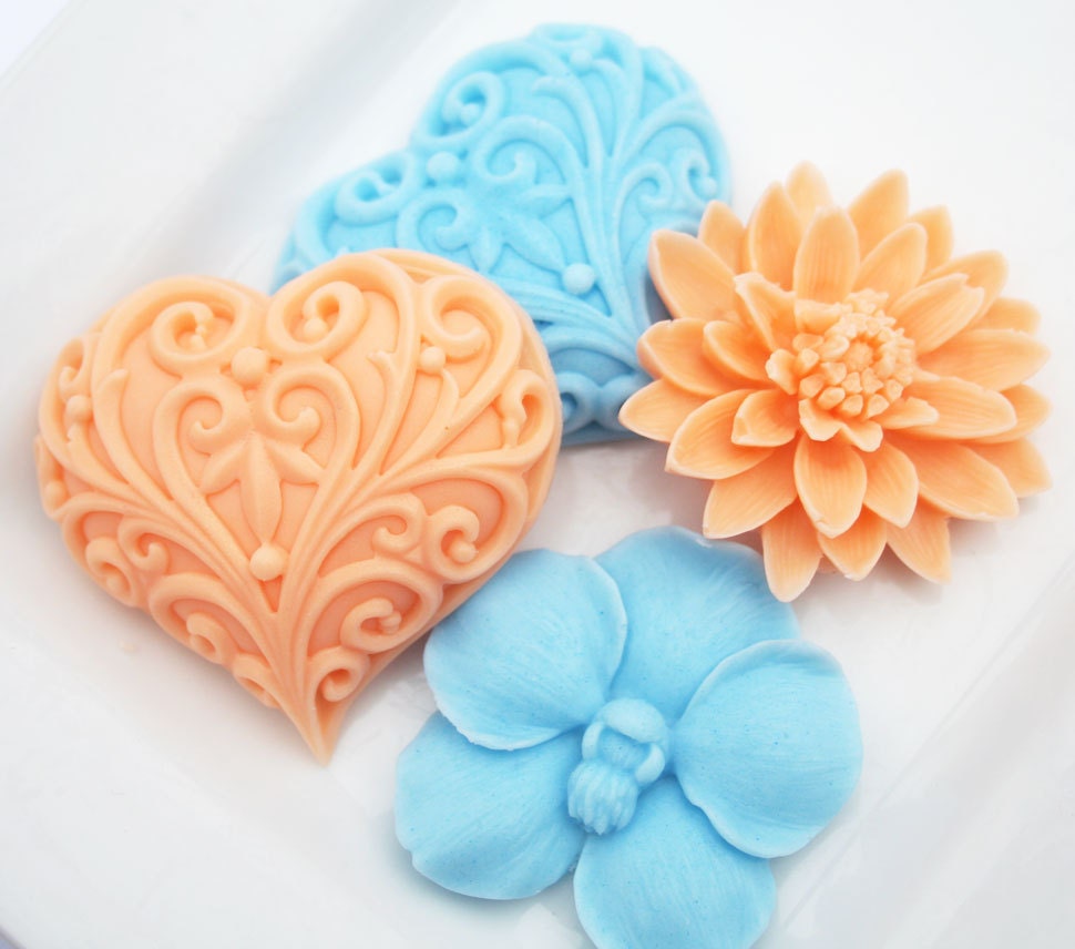 Tangerine and Blue Soap Set - Or Your Choice of Colors - Decorative Soap Flowers and Hearts