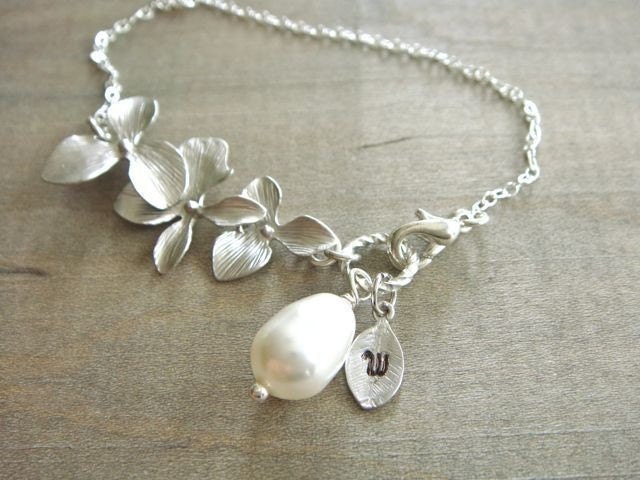 Personalized Initial Leaf with Silver Orchid and White Teardrop Pearl Bracelet - Wedding, Bride, Bridal, Bridesmaid Gift
