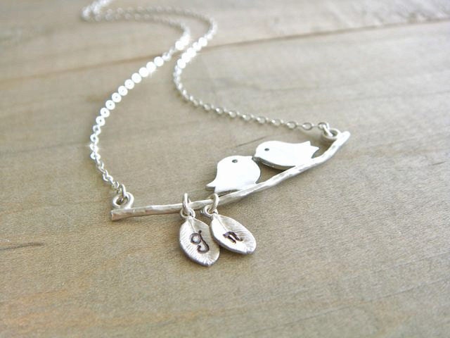 Personalized Initial Love Birds on a Silver Branch, Family Tree - 2 Hand Stamped Leaves with Initials - Anniversary, Birthday, Mother's Day