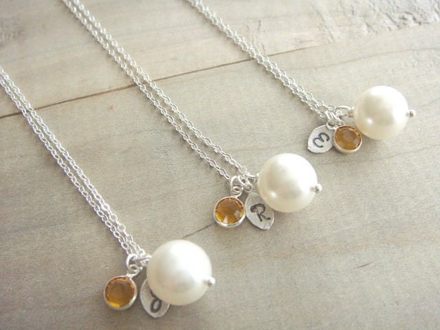 Bridesmaid Gift - 3 Cream or White Pearl Hand Stamped INITIAL and BIRTHSTONE Necklaces in Sterling Silver - choose your pearl color