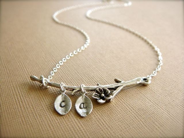 Family Tree Necklace - Silver Branch with Hand Stamped Initials - Mom, Mum, Mother's Day, Anniversary, Wedding, Couple