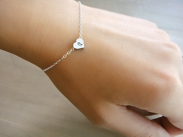 Custom Initial Silver Heart Bracelet - Hand stamped double sided heart - Buy 2 Get 1 FREE - Bride, Bridal, Bridesmaid gift, Mother's Day