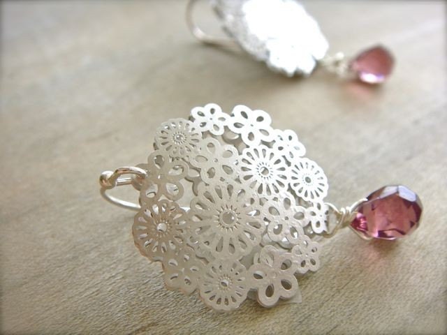 Gemmed Silver Lace Earrings