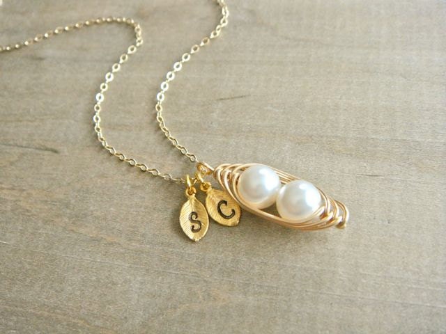 Personalized 2 Peas in a Pod wrapped in Gold Filled Wire - Choose your INITIAL and PEARL COLOR - Mother's Day