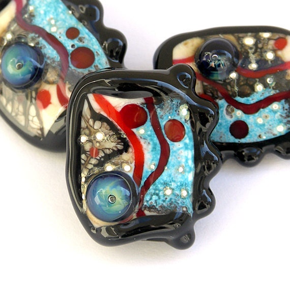 Stars and Stripes - Handmade Lampwork Glass Bead Set with Fine Silver (3) OOAK SRA
