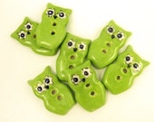 1 Ceramic Owl Button. 1 handmade ceramic Button.  Bright Lime Green Ceramic Owl Sewing button.  One.