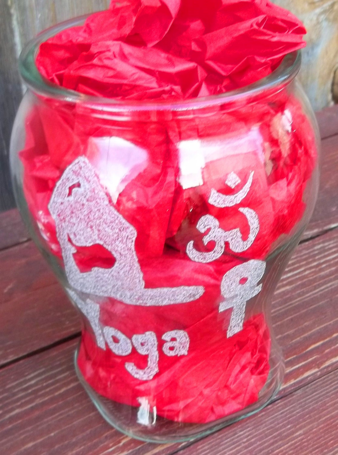 Yoga Girl Hand Dremel Etched Glass Vase with Om & Ankh
