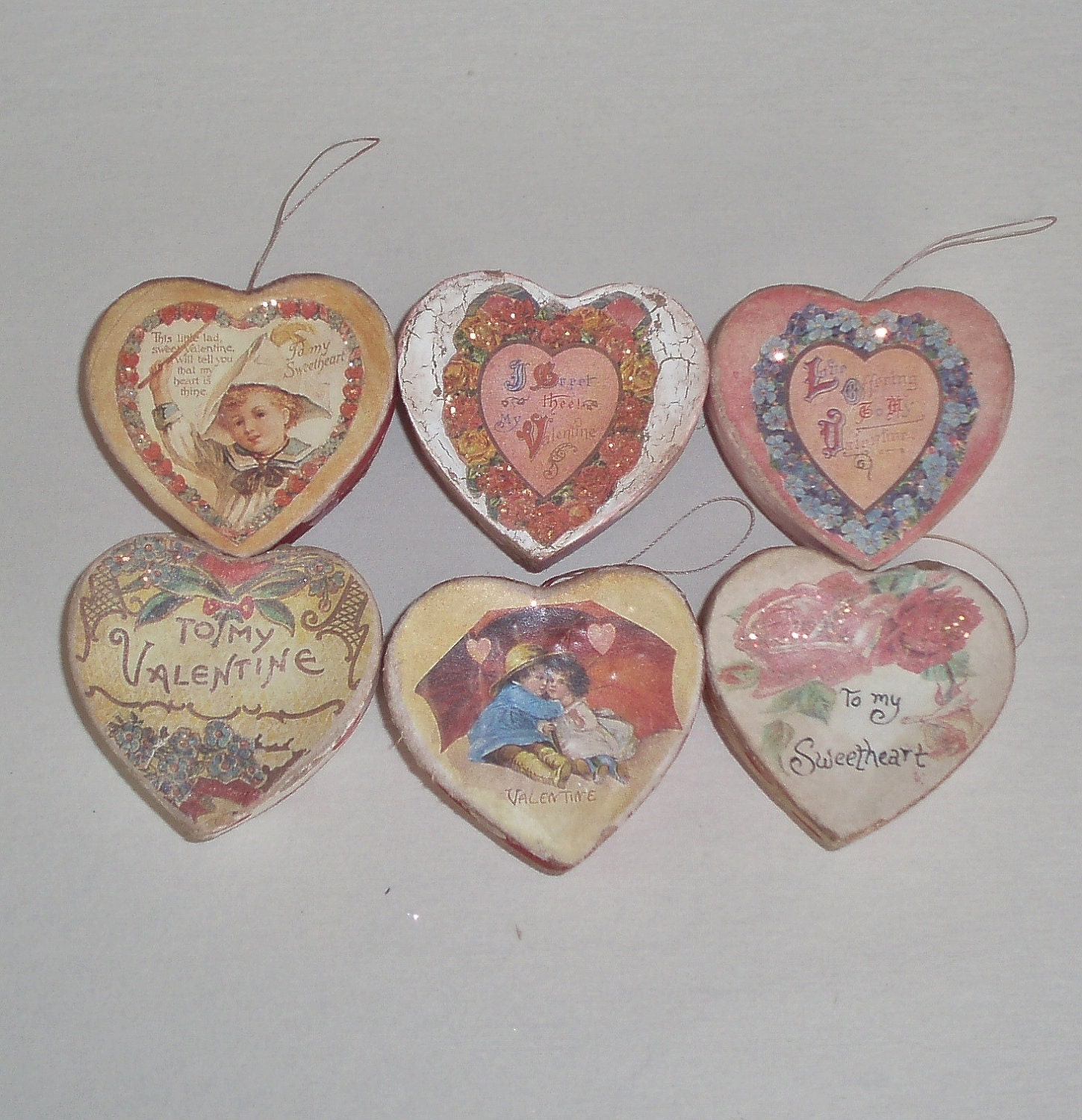 Small Valentine's day heart boxes and ornaments, set of 6, paper mache