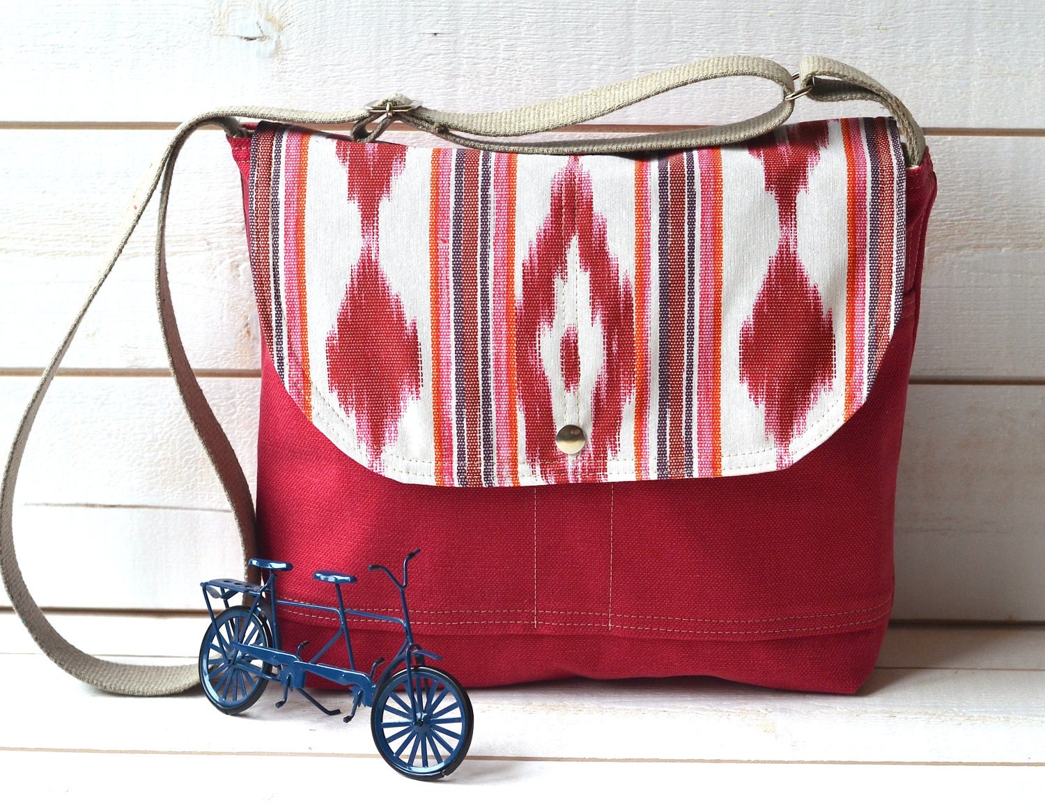 UNISEX Medium Southwest IKAT IPAD Messenger bag / Cross body bag / Travel bag in soft dark pink garnet