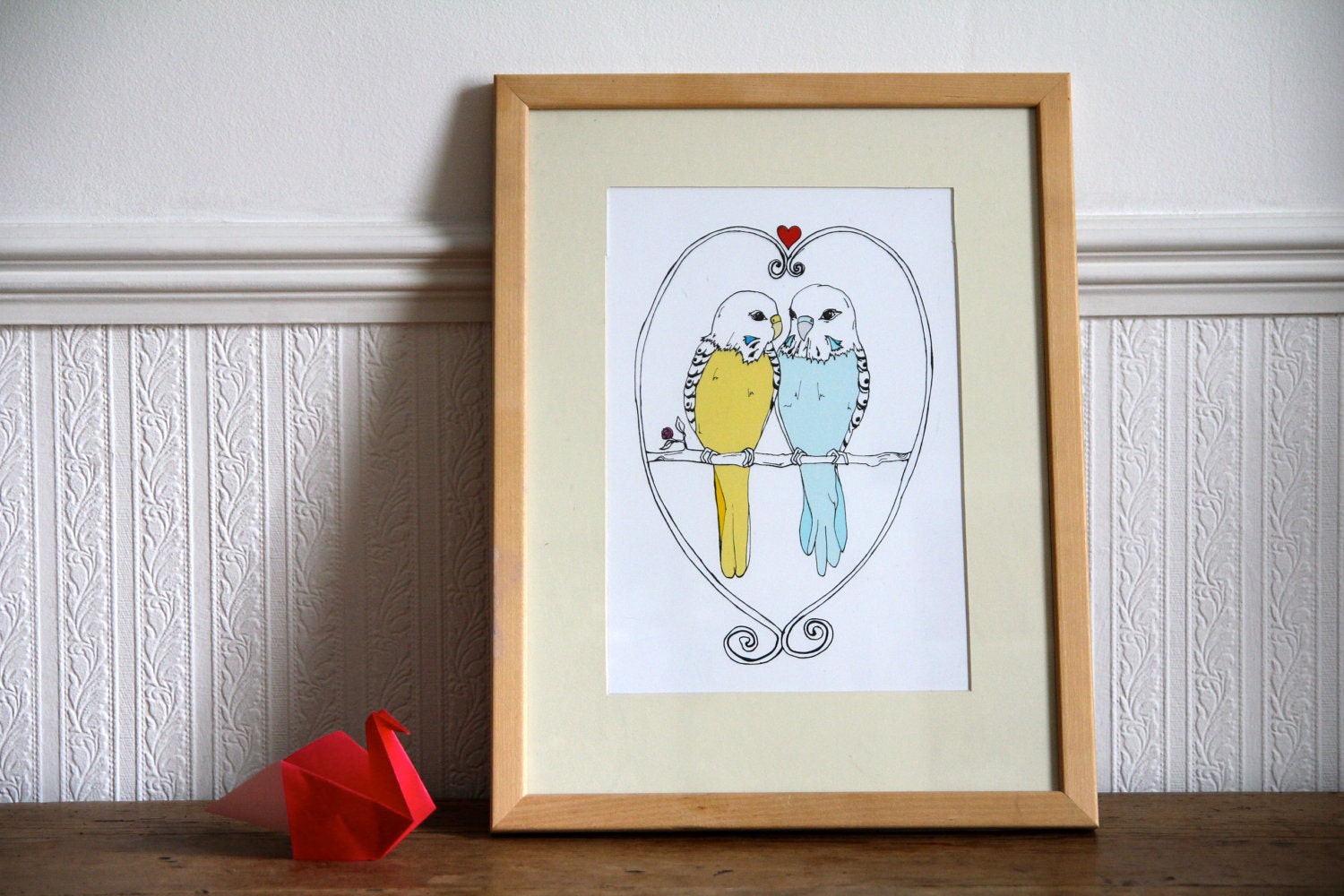 Budgies in love - Love bird art print A4