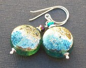 lampwork glass earrings metallic golden teal textured beads- golden ice