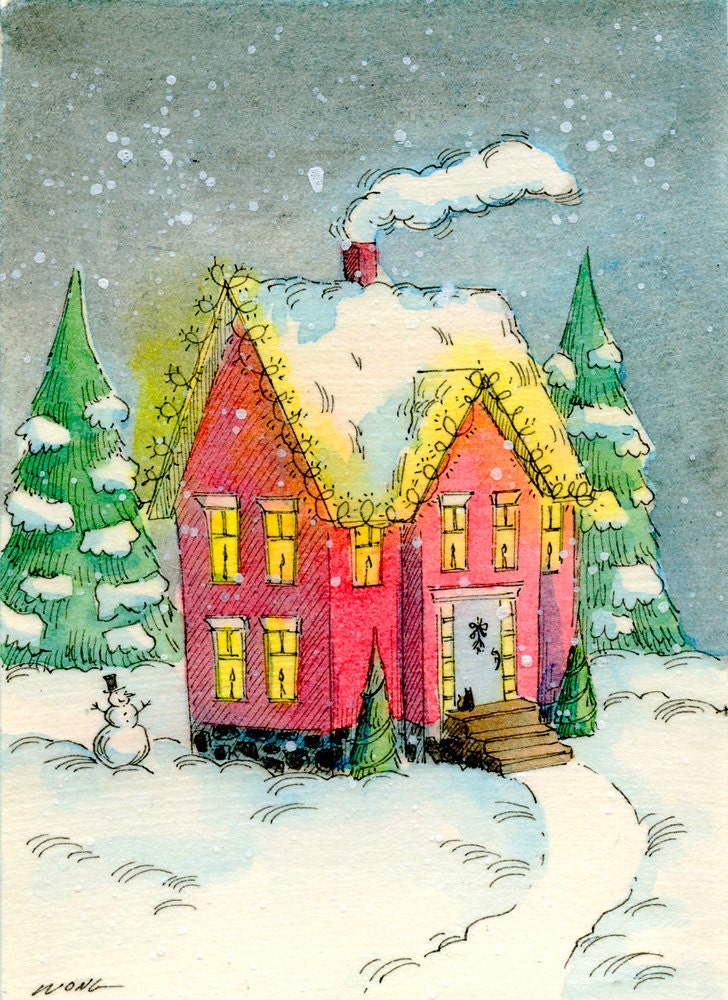 Original ACEO Painting -- Bright home on a dark winter night