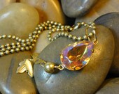 Necklace - Vintage Glass Rhinestone Topaz AB Pear Jewel Brass Vintage Leaves Pendant Necklace