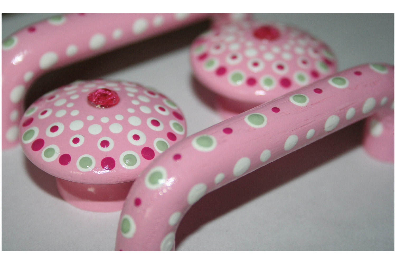 3" Pink, Green, Darker Pink and White Polka Dot Pulls- Matching Knobs Available