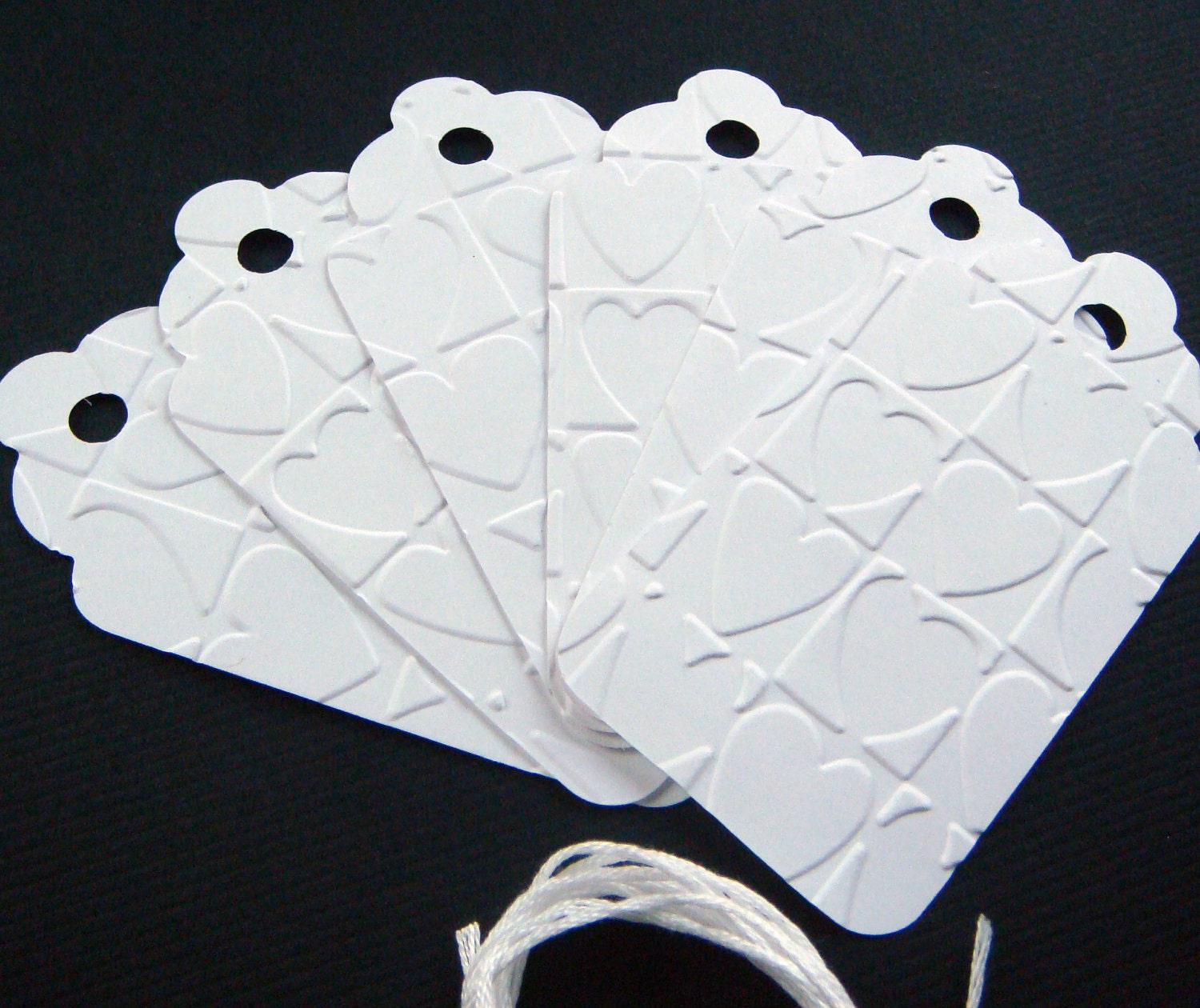 White Tags Set of 6 Embossed Hearts