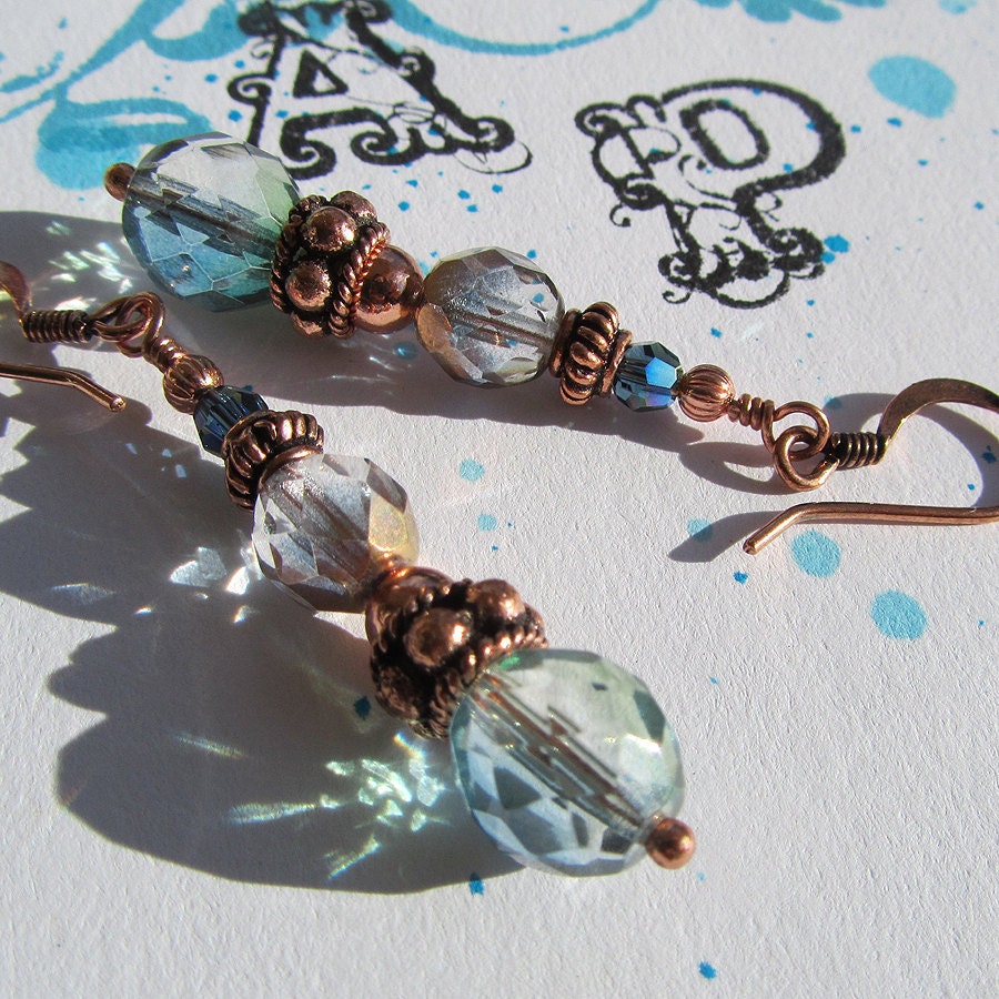 Dangle Earrings 'The Beach at Dusk' Copper, Blue, Iridescent Gold