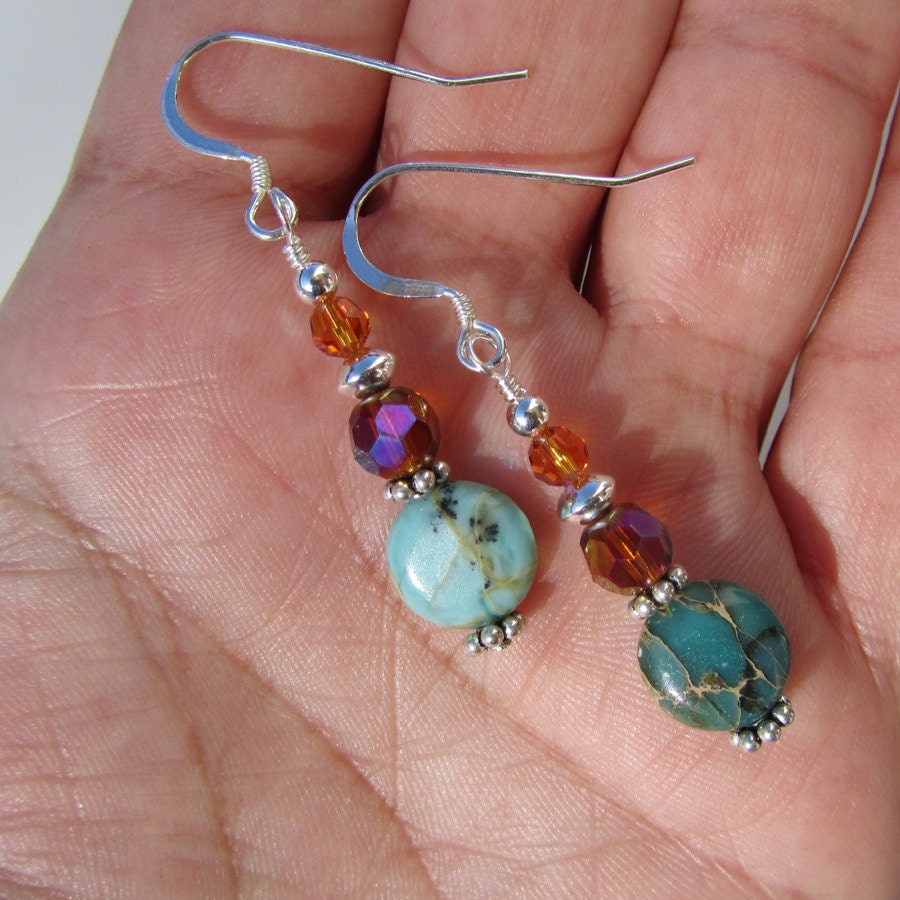 Feminine Dangle Earrings Aqua Terra Jasper Swarovski Crystal & Sterling Silver Beads