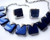 Vintage Signed Coro Royal Blue Lucite Statement Necklace with Earrings Set