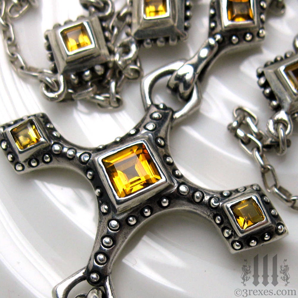 Renaissance Cross Necklace, Gothic Silver Rosary Pendant, Citrine Stone, November Birthstone