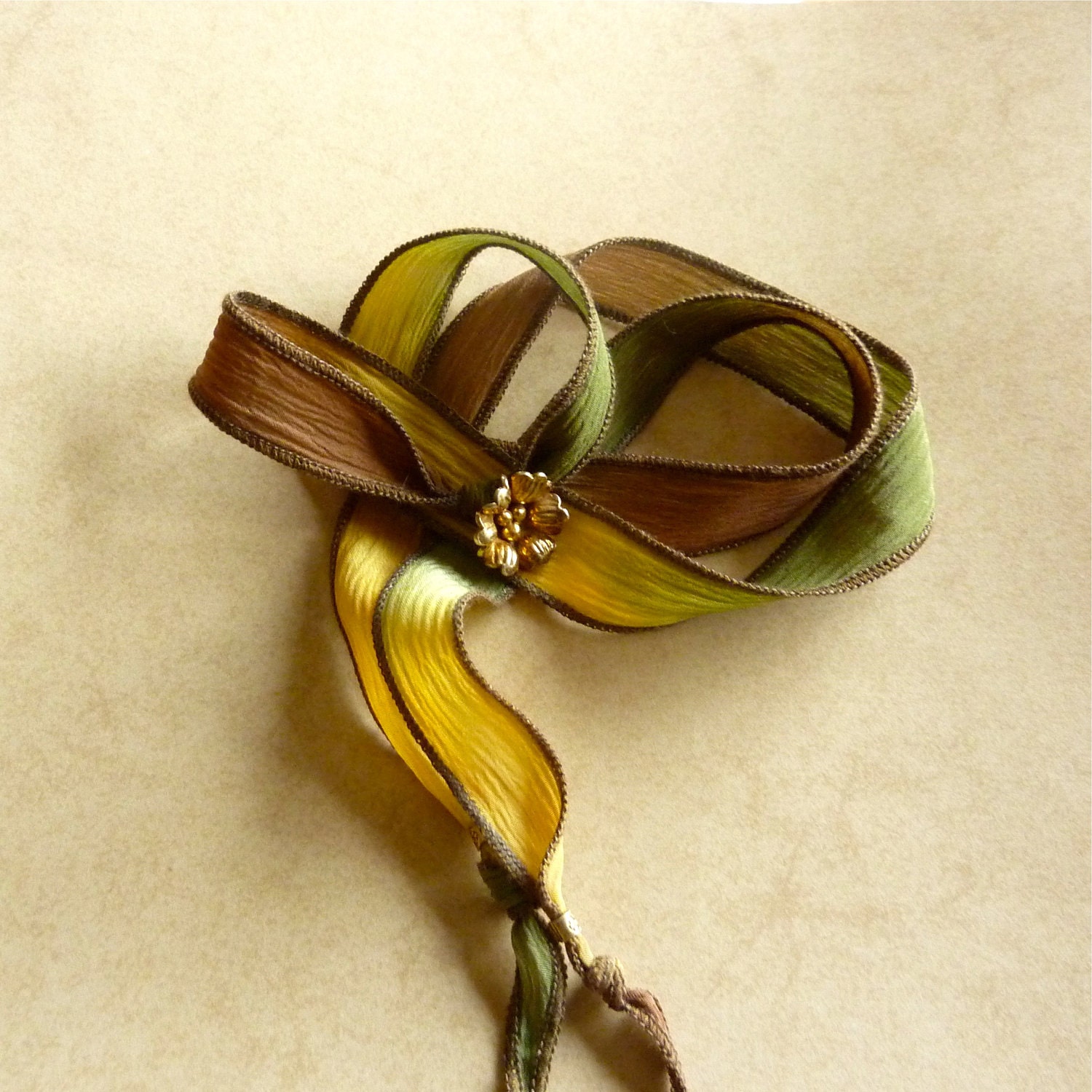 Silk Wrap Bracelet in Olive Gold and Brown Tones
