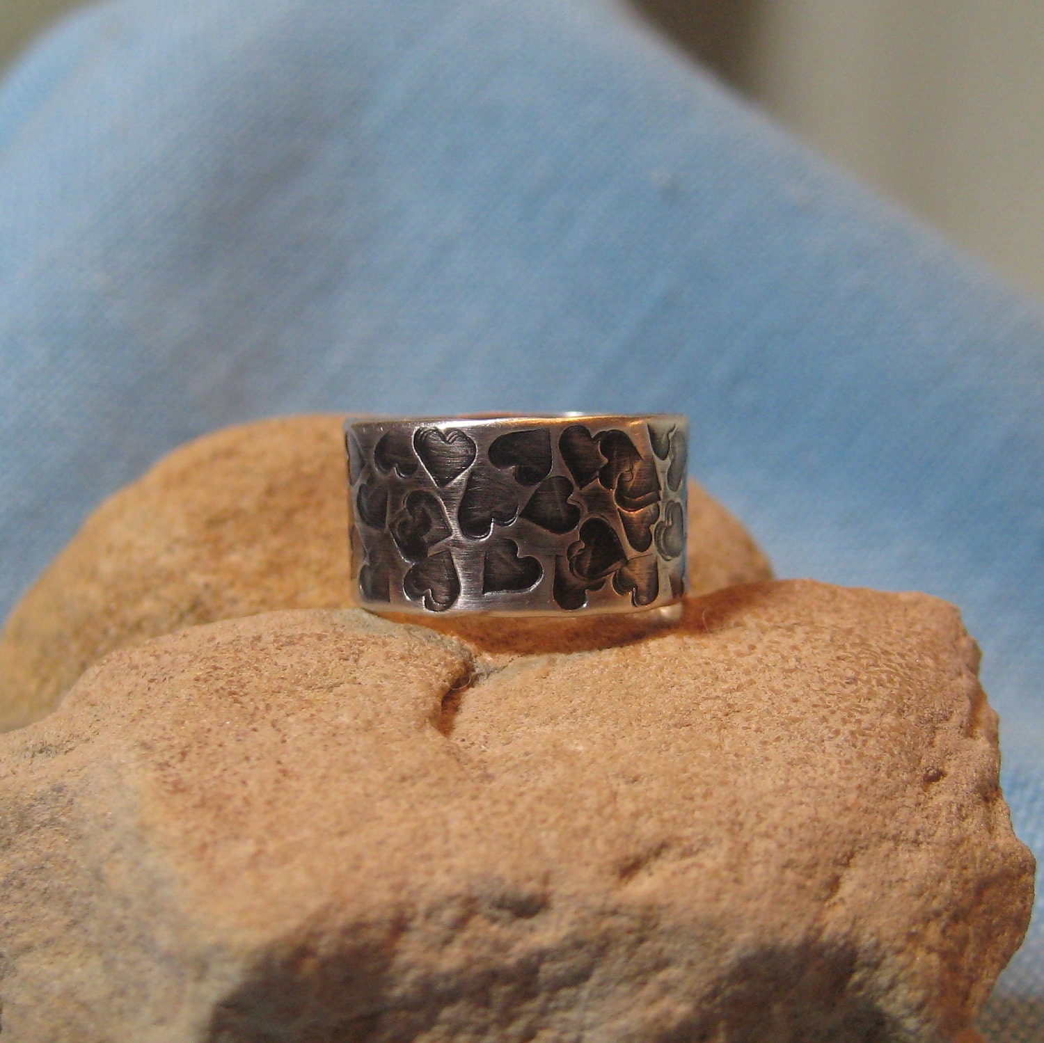 Black Heart Ring Silver Wide Sterling Heart Band Hand Stamped Oxidized Matte Satin Finish Gothic Valentines Day Gift JJDLJewelryArt
