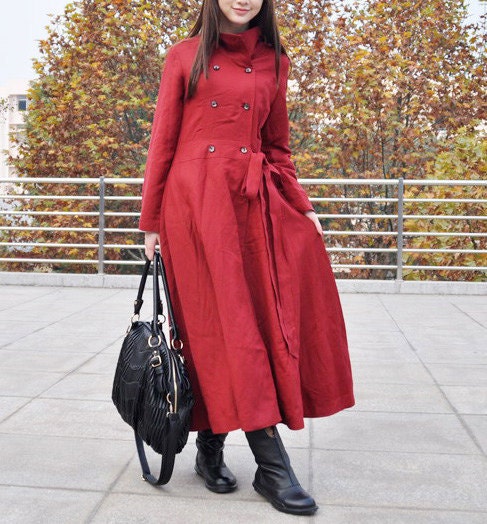 Custom RED Trench Coat Long Linen Padded Coat Jacket Double Breasted Coat