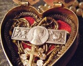 Religious reliquary necklace heart locket faux pearl jewelry mop mother of pearl