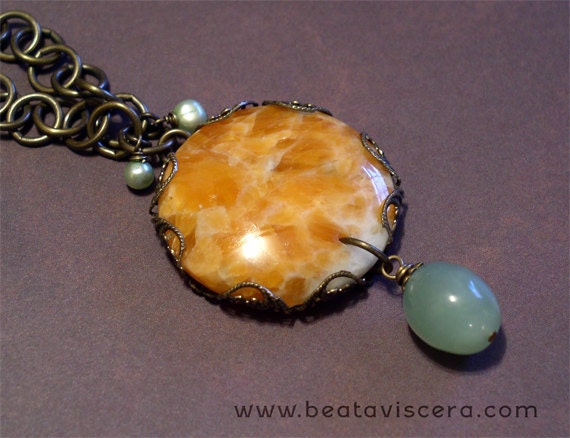 Handmade Green & Orange Antique Brass Necklace - Orange Calcite Gemstone Focal - Serpentine - Freshwater Pearls