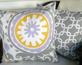 Pair of Coordinating Decorative Pillow Covers - Suzani and Trellis in Gray, Lavender and Yellow - 18 Inches Square