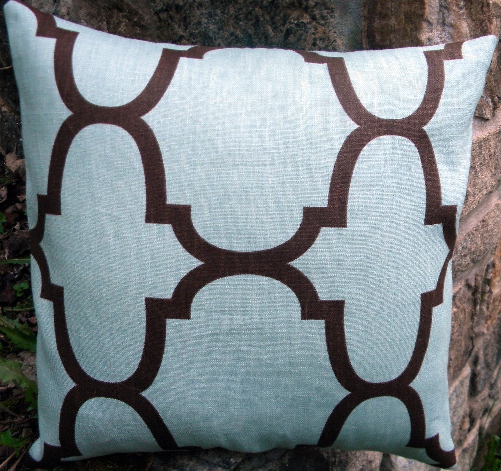 Designer Decorative Pillow Cover Trellis-  Blue  and Chocolate Brown - Made to Order - 18" x 18" Square