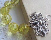 ONLY ONE Assymetrical necklace with red flower cabochon bee connector light yellow plastic beads silver plated chain. Perfect for Summer wa