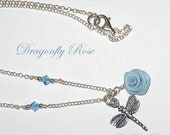 Dragonfly Rose -  Polymer Clay Rose Sterling Silver Charm Necklace