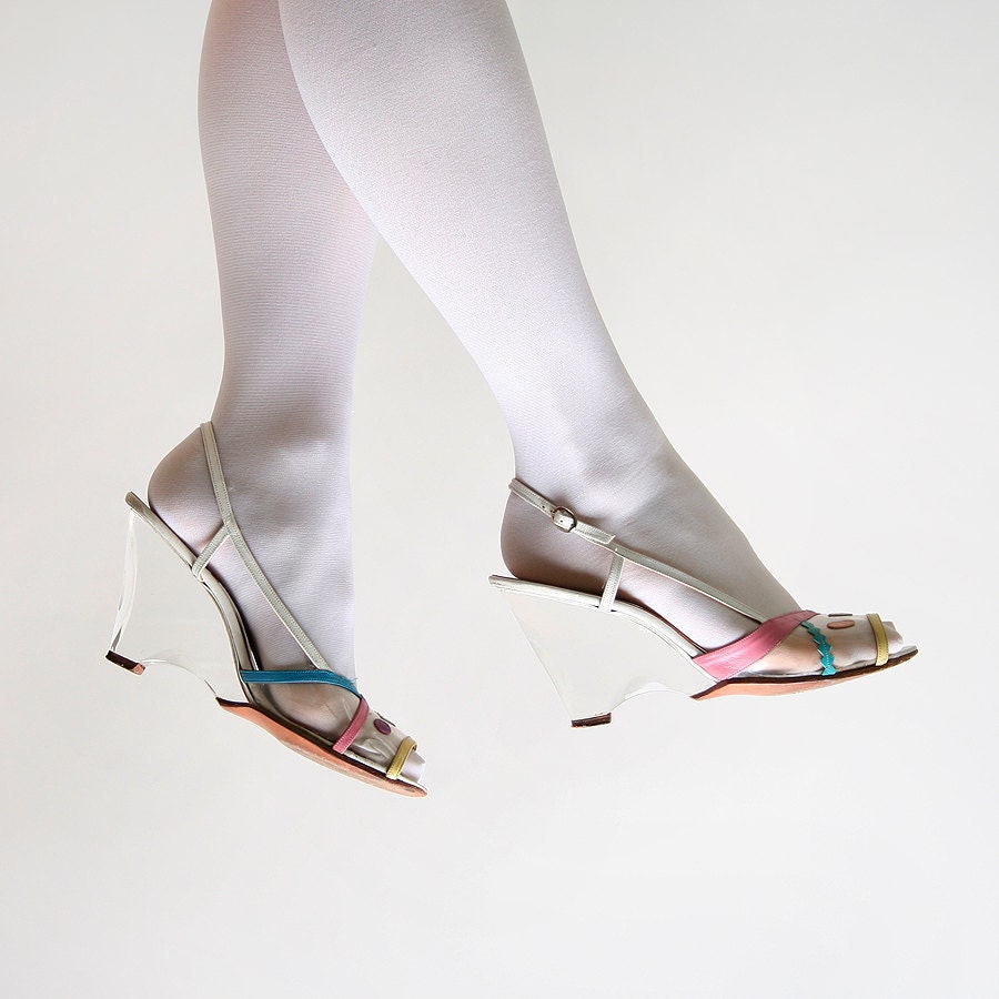 Vintage Clear Wedges - 1980s Jack Rogers White Lucite Heels - Size US 9 Easter Sunday Colors