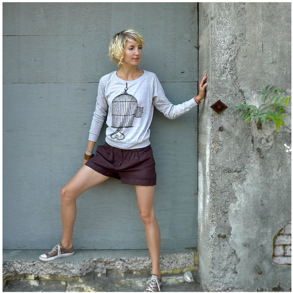 SALE - One That Got Away - valentine gift - womens pullover - MEDIUM - birdcage print on Alternative Apparel eco oatmeal