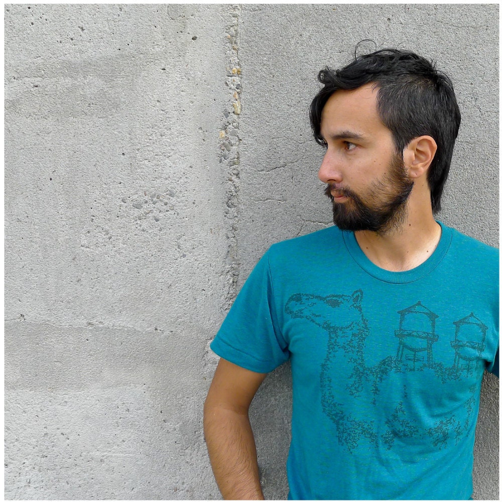 SALE - The Deserter Tshirt- spring fashion - mens MEDIUM - industrial camel screenprint on American Apparel heather teal tees