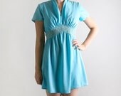 Vintage 1970s Mini Dress - Pastel Aquamarine with Doily Applique Waistline - Medium Spring Summer Fashion