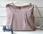 Water  Resistant -Cross body bag / Diaper bag STOCKHOLM Grape and Ecru Ticking stripes  Pleated French Messenger bag - 8 Pockets