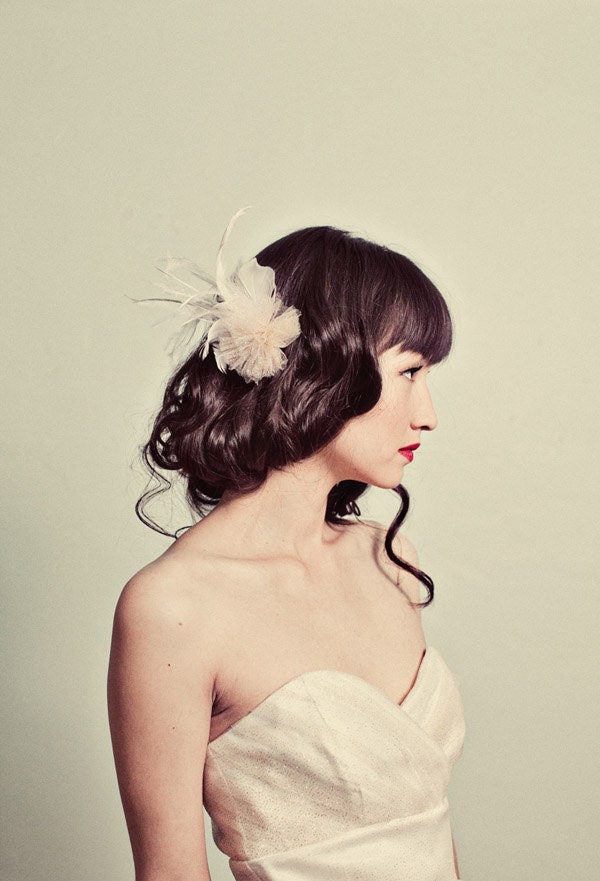 Sparkle tulle flower and feather hair pin- style 121
